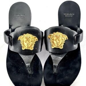 Versace Black Sandals with Gold Medusa Accents